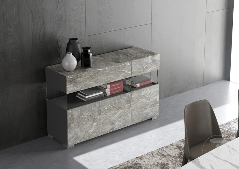 Mobile zona giorno con ante e cassetti in legno effetto marmo e vetro cm 129x40x81h