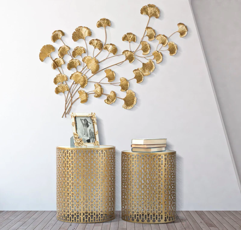 Set da 2 Tavolino da salotto tondo in metallo colore oro piano con specchio