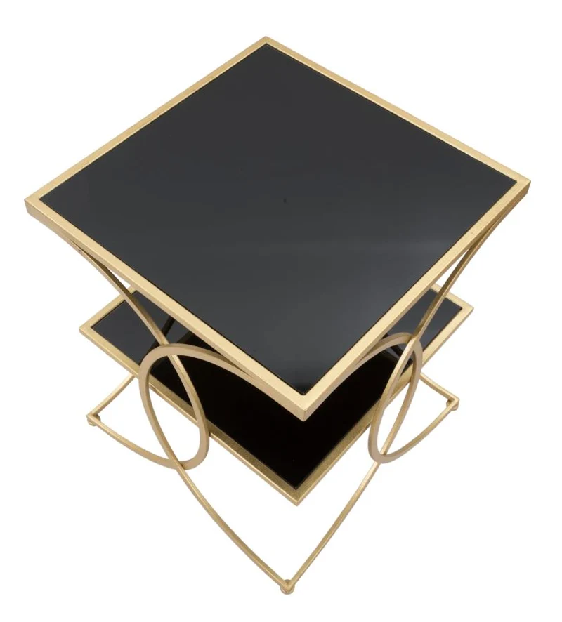 Tavolino basso da salotto design in metallo dorato ripiani in vetro nero cm 45x45x55h