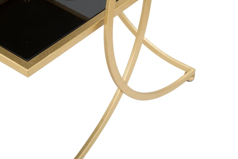 Tavolino basso da salotto design in metallo dorato ripiani in vetro nero cm 45x45x55h