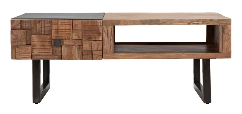 Tavolino da salotto basso industrial 2 cassetti in legno di acacia cm 110x60x43h