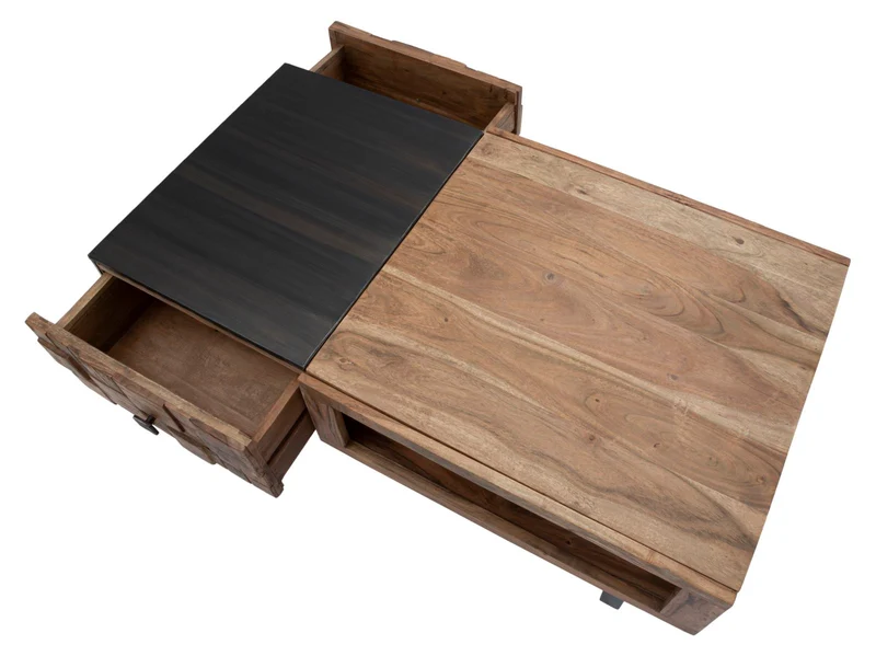 Tavolino da salotto basso industrial 2 cassetti in legno di acacia cm 110x60x43h