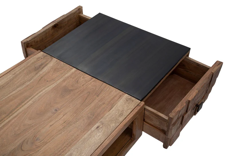 Tavolino da salotto basso industrial 2 cassetti in legno di acacia cm 110x60x43h