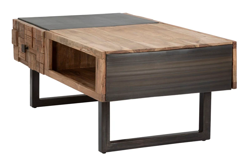 Tavolino da salotto basso industrial 2 cassetti in legno di acacia cm 110x60x43h