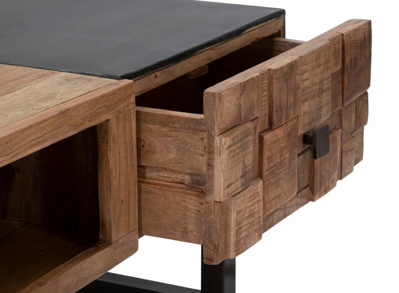 Tavolino da salotto basso industrial 2 cassetti in legno di acacia cm 110x60x43h