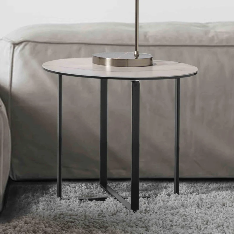 Tavolino tondo da salotto piano in vetro e ceramica marmo bianco cm Ø 50x45h