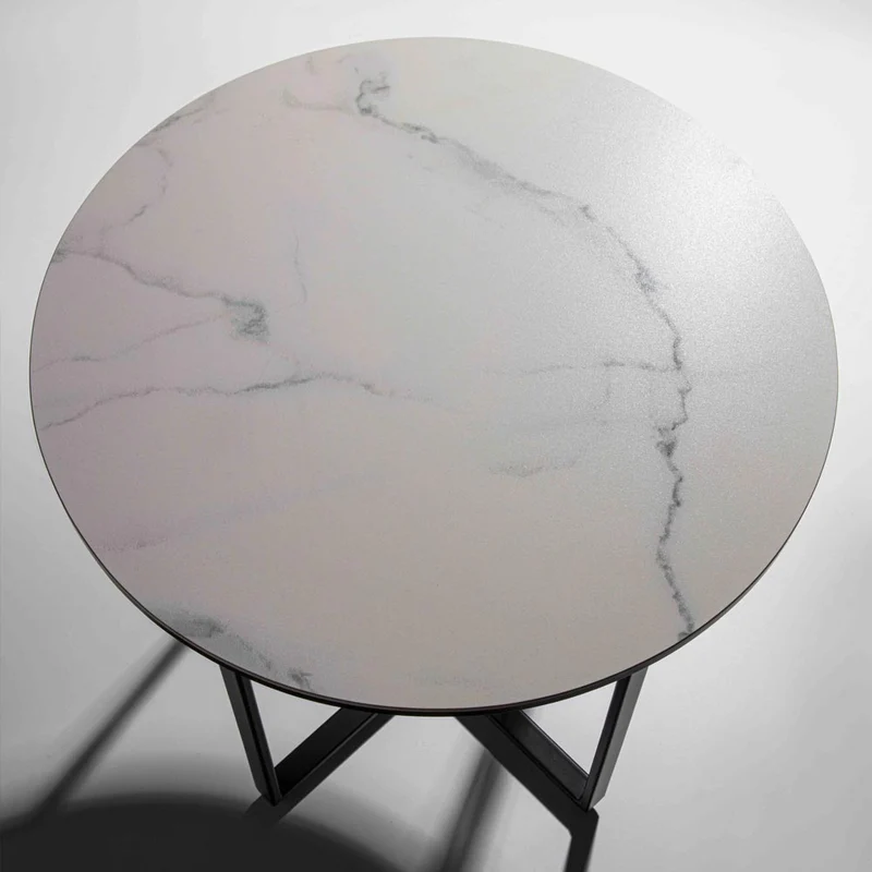 Tavolino tondo da salotto piano in vetro e ceramica marmo bianco cm Ø 50x45h