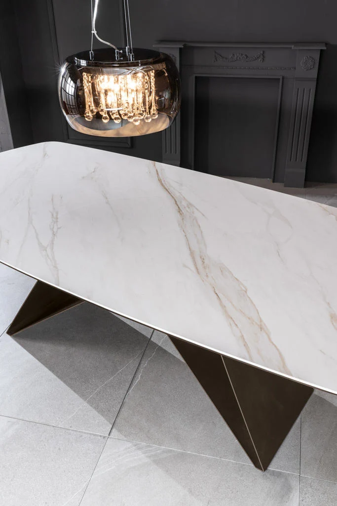 Tavolo da salotto fisso con piano in ceramica e vetro effetto marmo cm 220x110x76h - vari colori
