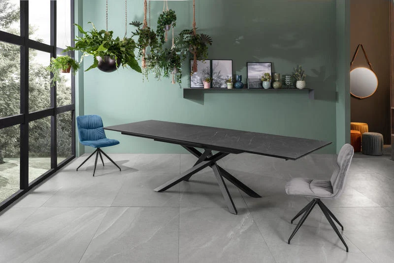 Tavolo da pranzo moderno gambe incrociate piano in legno marmo nero cm 170/270x90x76h