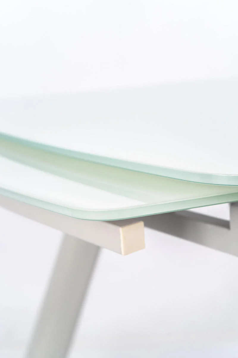 Tavolo design allungabile piano in vetro extrawhite gambe in metallo bianco cm 140/210x90x76h