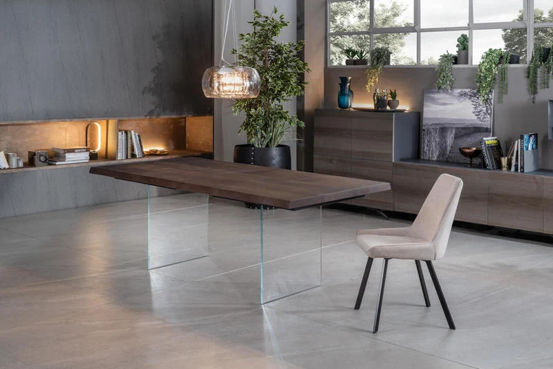 Tavolo fisso moderno gambe in vetro trasparente piano rovere termocotto - varie misure