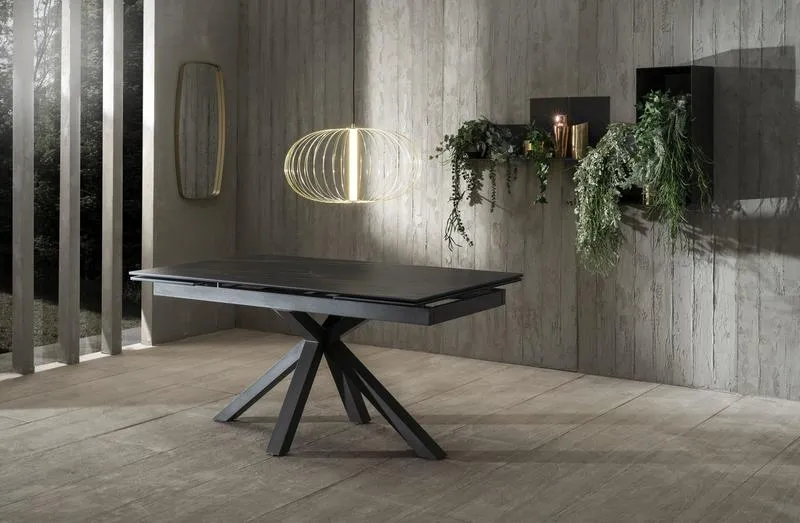 Tavolo design allungabile piano in ceramica e vetro effetto marmo nero cm 160/240x90x76h