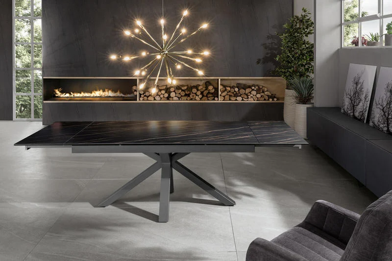 Tavolo design allungabile piano in ceramica e vetro effetto marmo nero cm 160/240x90x76h