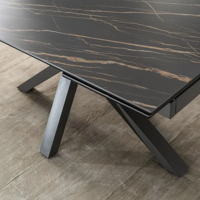 Tavolo design allungabile piano in ceramica e vetro effetto marmo nero cm 160/240x90x76h