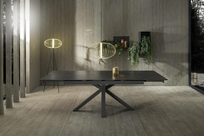 Tavolo design allungabile piano in ceramica e vetro effetto marmo nero cm 160/240x90x76h