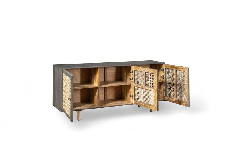 Madia in legno di mango stile etnico inserti in rattan cm 160x38x75h