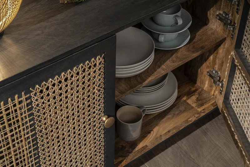 Madia in legno di mango stile etnico inserti in rattan cm 160x38x75h