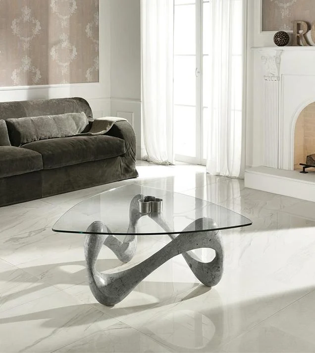 Tavolino da salotto design moderno piano in vetro base in pietra fossile cm 100x100x42h - vari colori