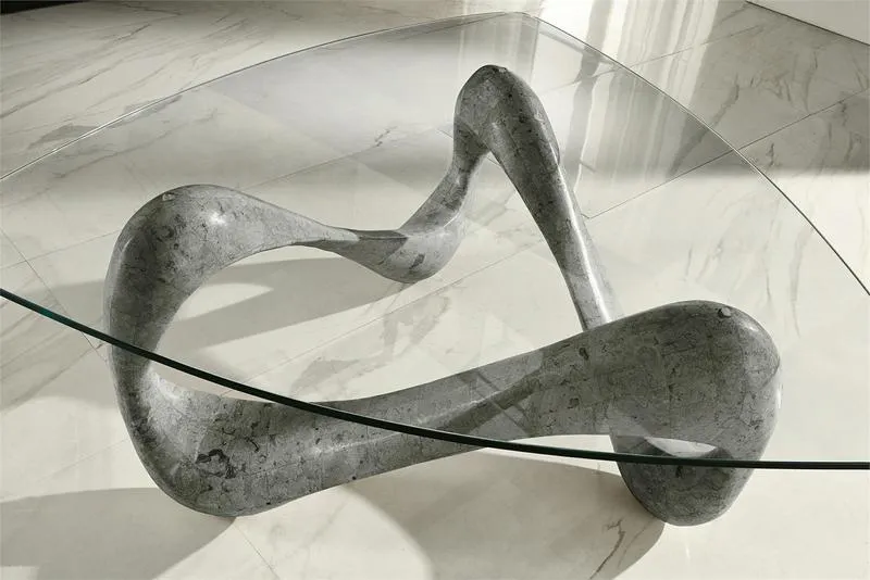 Tavolino da salotto design moderno piano in vetro base in pietra fossile cm 100x100x42h - vari colori