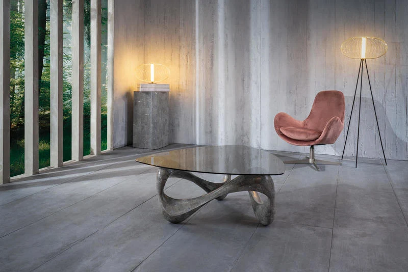 Tavolino da salotto design moderno piano in vetro base in pietra fossile cm 100x100x42h - vari colori
