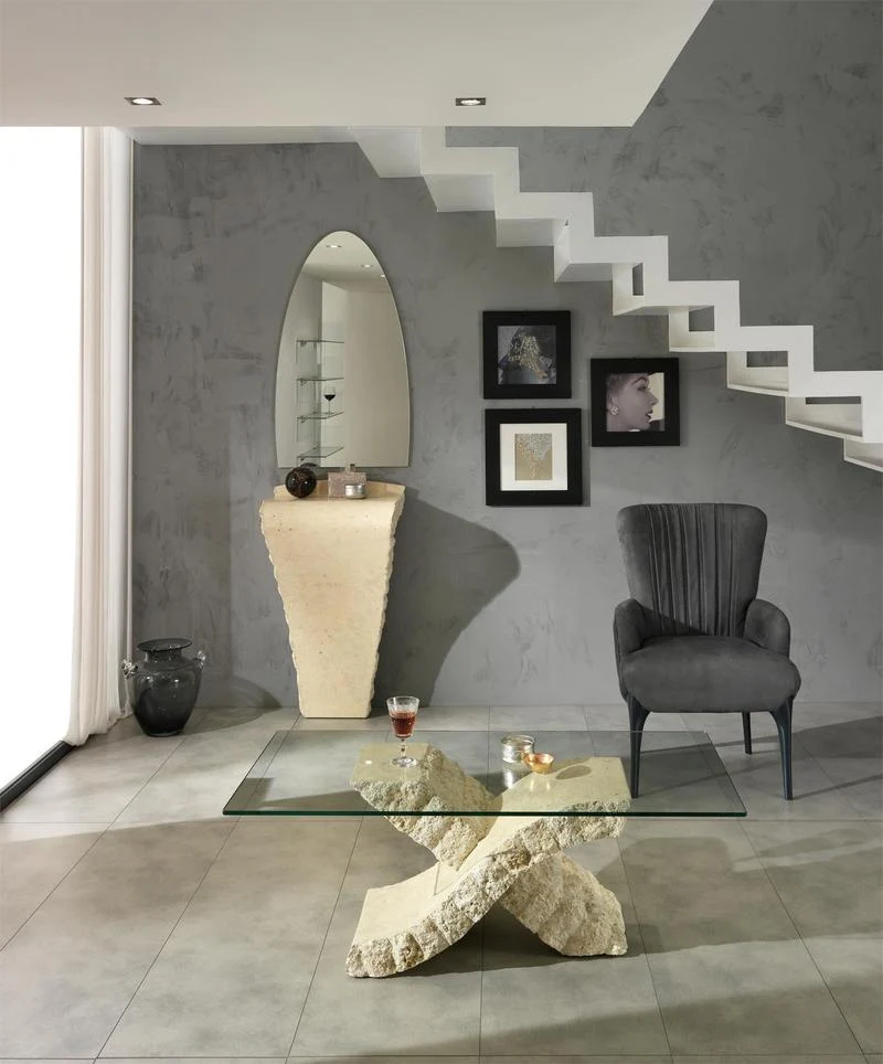 Tavolino moderno rettangolare base in pietra piano in vetro cm 120x70x40h - vari colori