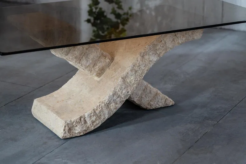 Tavolino moderno rettangolare base in pietra piano in vetro cm 120x70x40h - vari colori