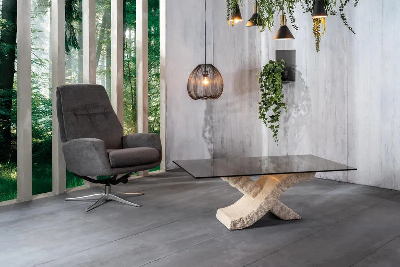 Tavolino moderno rettangolare base in pietra piano in vetro cm 120x70x40h - vari colori