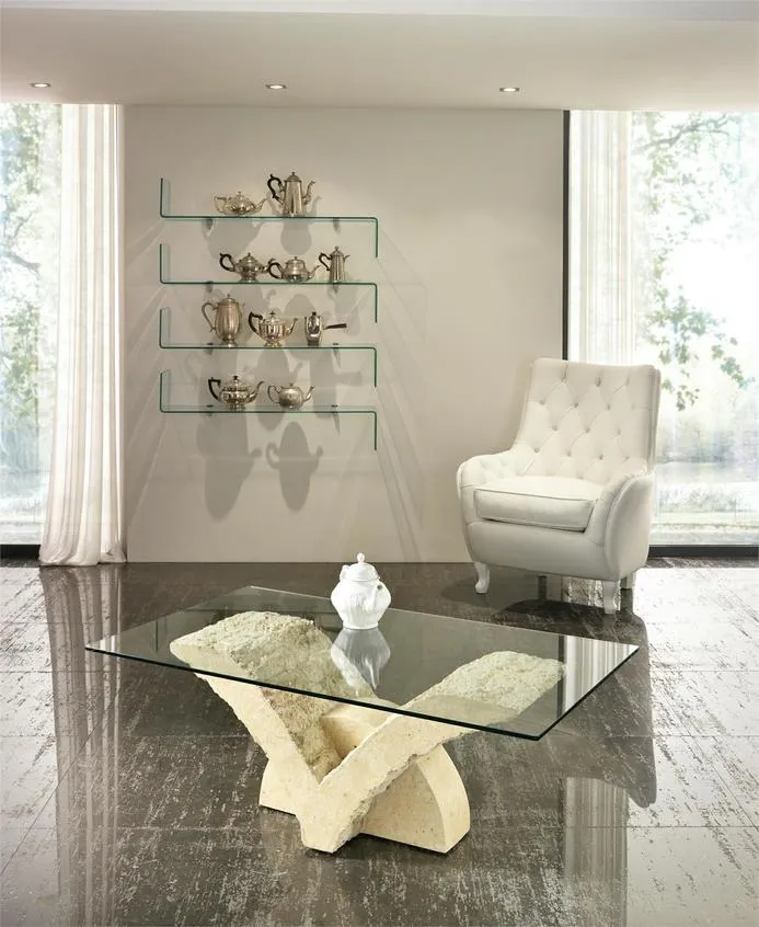 Tavolino da salotto piano rettangolare in vetro base pietra fossile cm 120x70x40h - vari colori