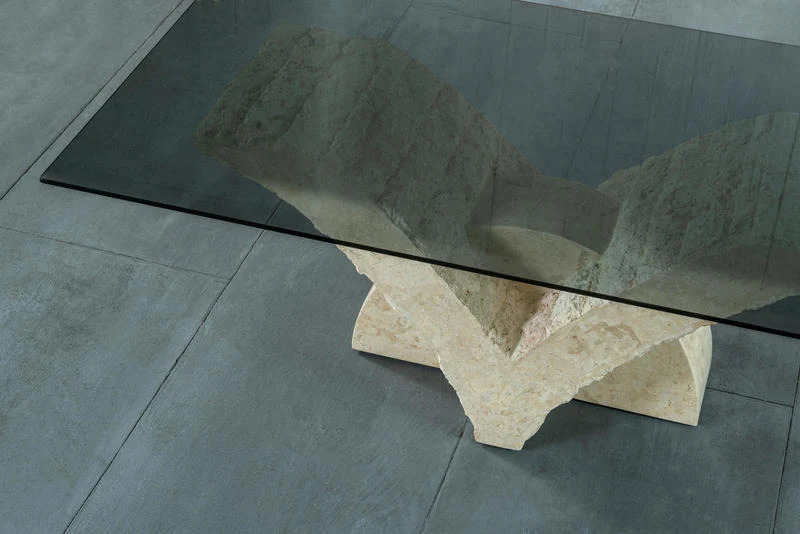 Tavolino da salotto piano rettangolare in vetro base pietra fossile cm 120x70x40h - vari colori