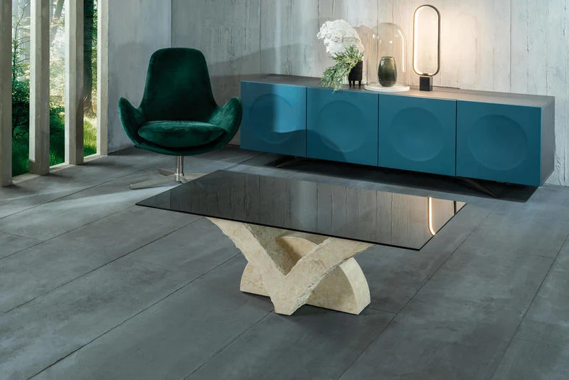Tavolino da salotto piano rettangolare in vetro base pietra fossile cm 120x70x40h - vari colori