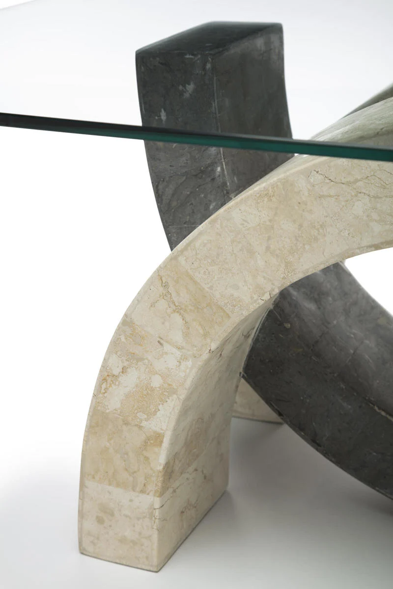Tavolino design basso piano rettangolare in vetro base in pietra fossile cm 120x70x41h - vari colori
