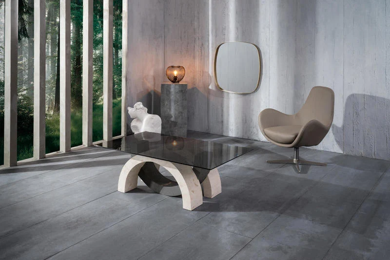 Tavolino design basso piano rettangolare in vetro base in pietra fossile cm 120x70x41h - vari colori