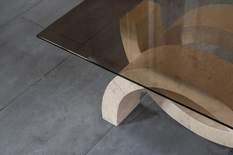 Tavolino design basso piano rettangolare in vetro base in pietra fossile cm 120x70x41h - vari colori