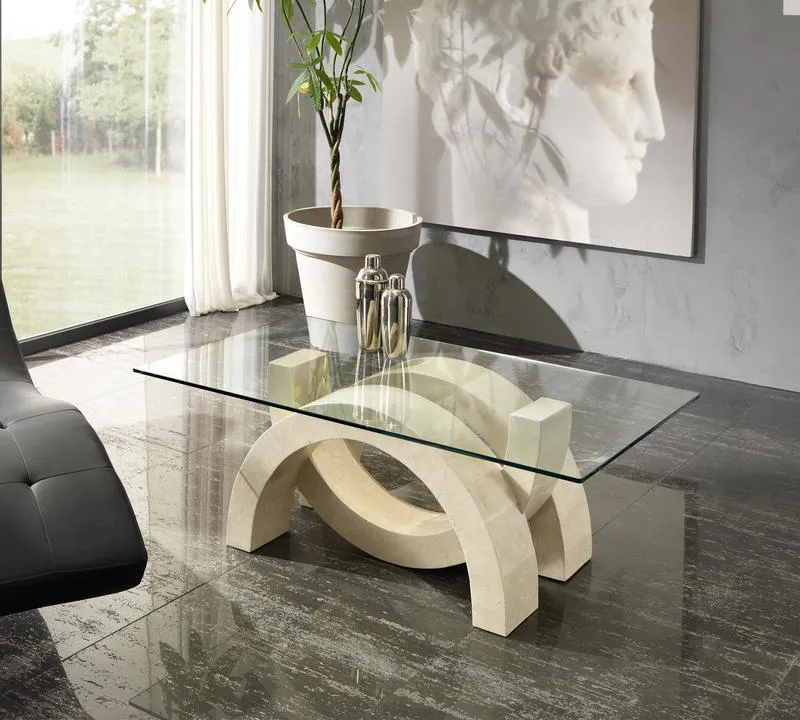 Tavolino da salotto con piano in vetro e base in pietra fossile cm 120x70x41h - vari colori