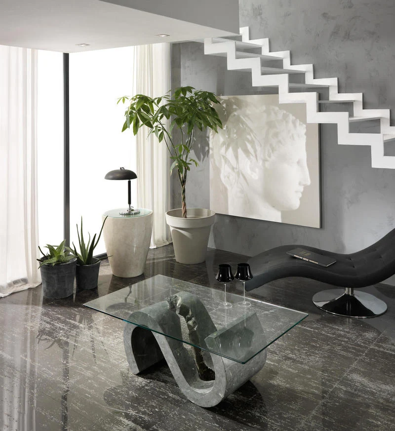 Tavolino da salotto design moderno in vetro base in pietra cm 120x70x36h - vari colori