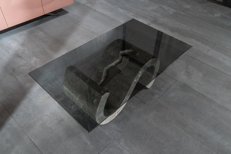 Tavolino da salotto design moderno in vetro base in pietra cm 120x70x36h - vari colori
