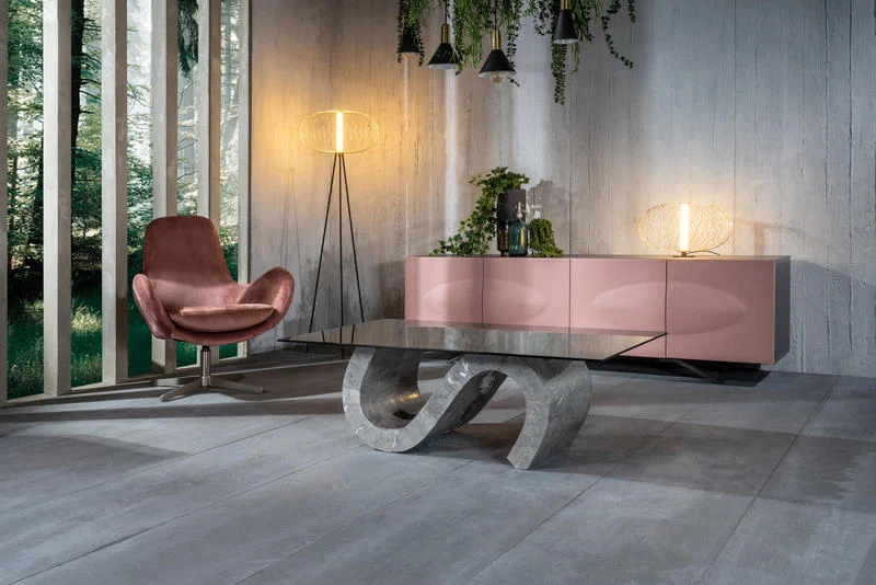 Tavolino da salotto design moderno in vetro base in pietra cm 120x70x36h - vari colori