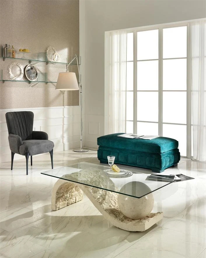 Tavolino design rettangolare moderno piano in vetro base in pietra cm 120x70x37h - vari colori