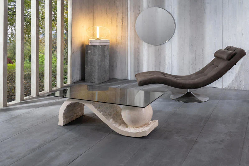 Tavolino design rettangolare moderno piano in vetro base in pietra cm 120x70x37h - vari colori