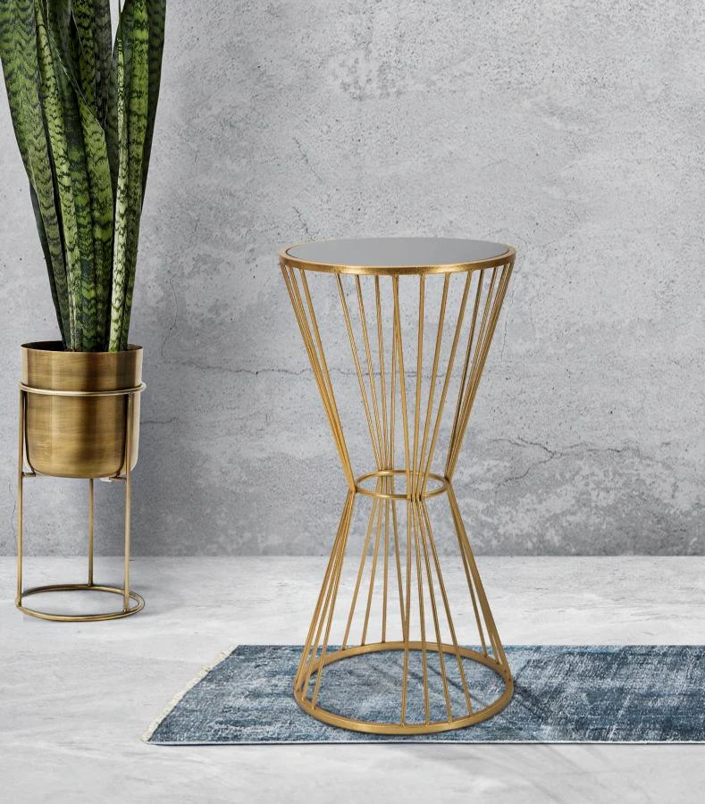 Tavolino alto da salotto design colonnina in metallo colore oro e vetro cm 40x80h