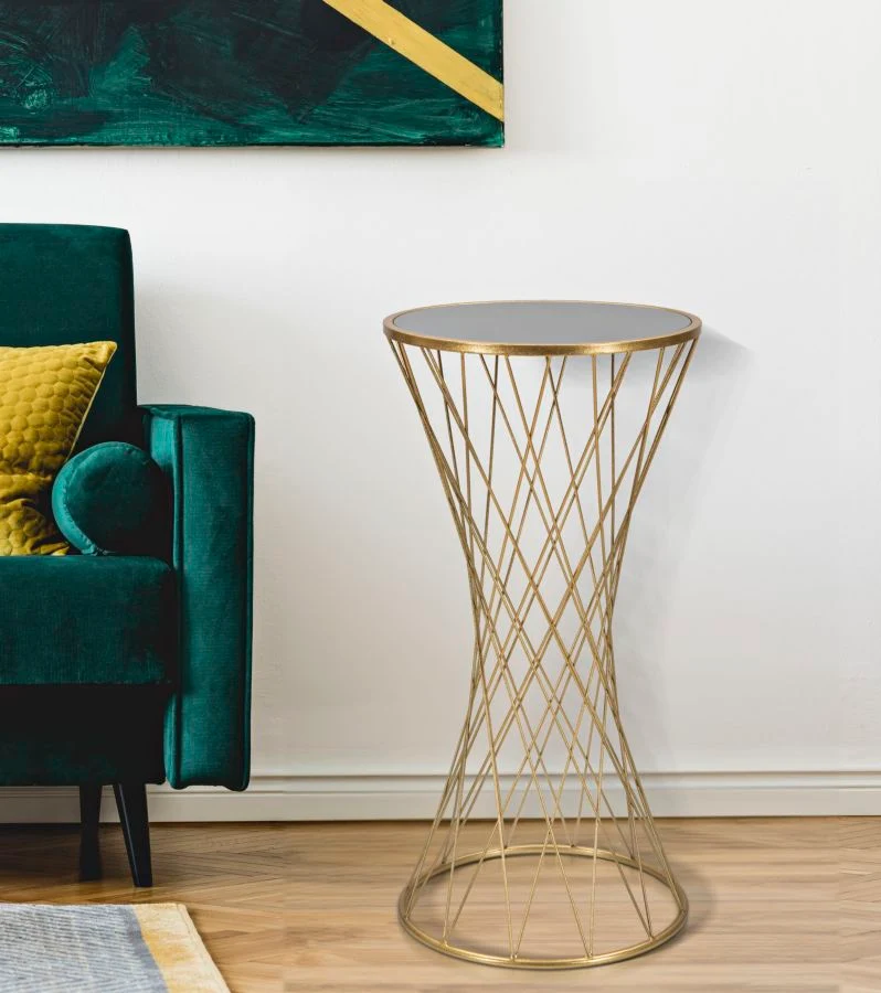 Tavolino alto colonnina moderna in metallo dorato e vetro cm 40x80h