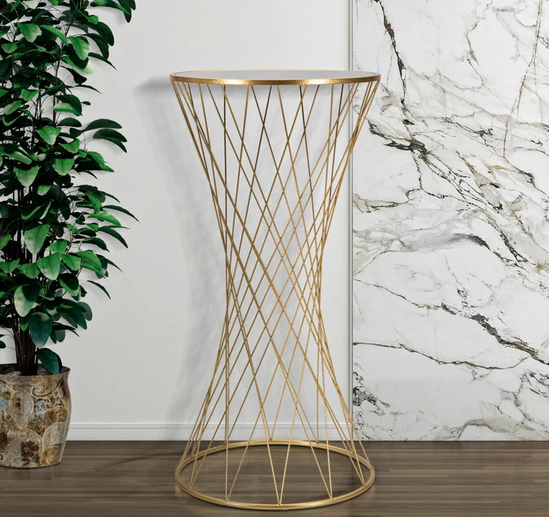 Colonnina tavolino alto design moderno in metallo colore oro e vetro cm 50x100h