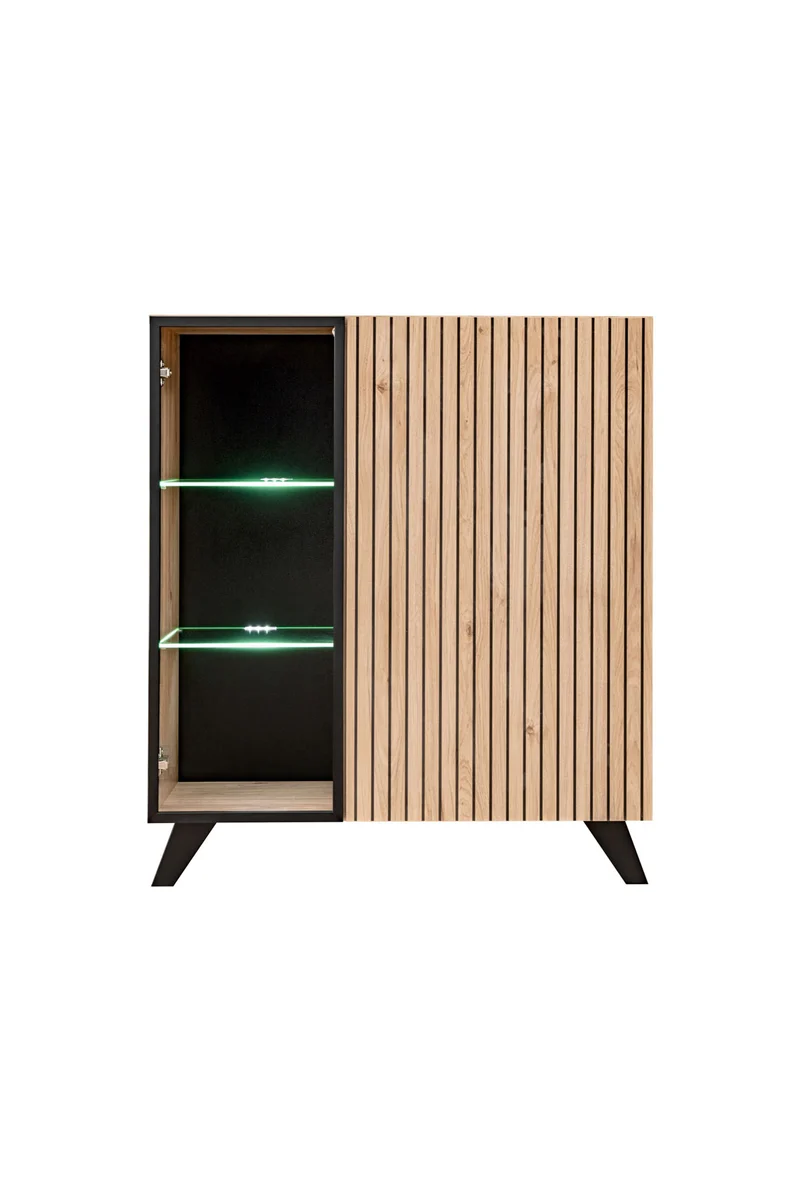 Kubra - Mobile 2 ante con vetrina e luci a led colore quercia con serigrafie cm 90x40x102h