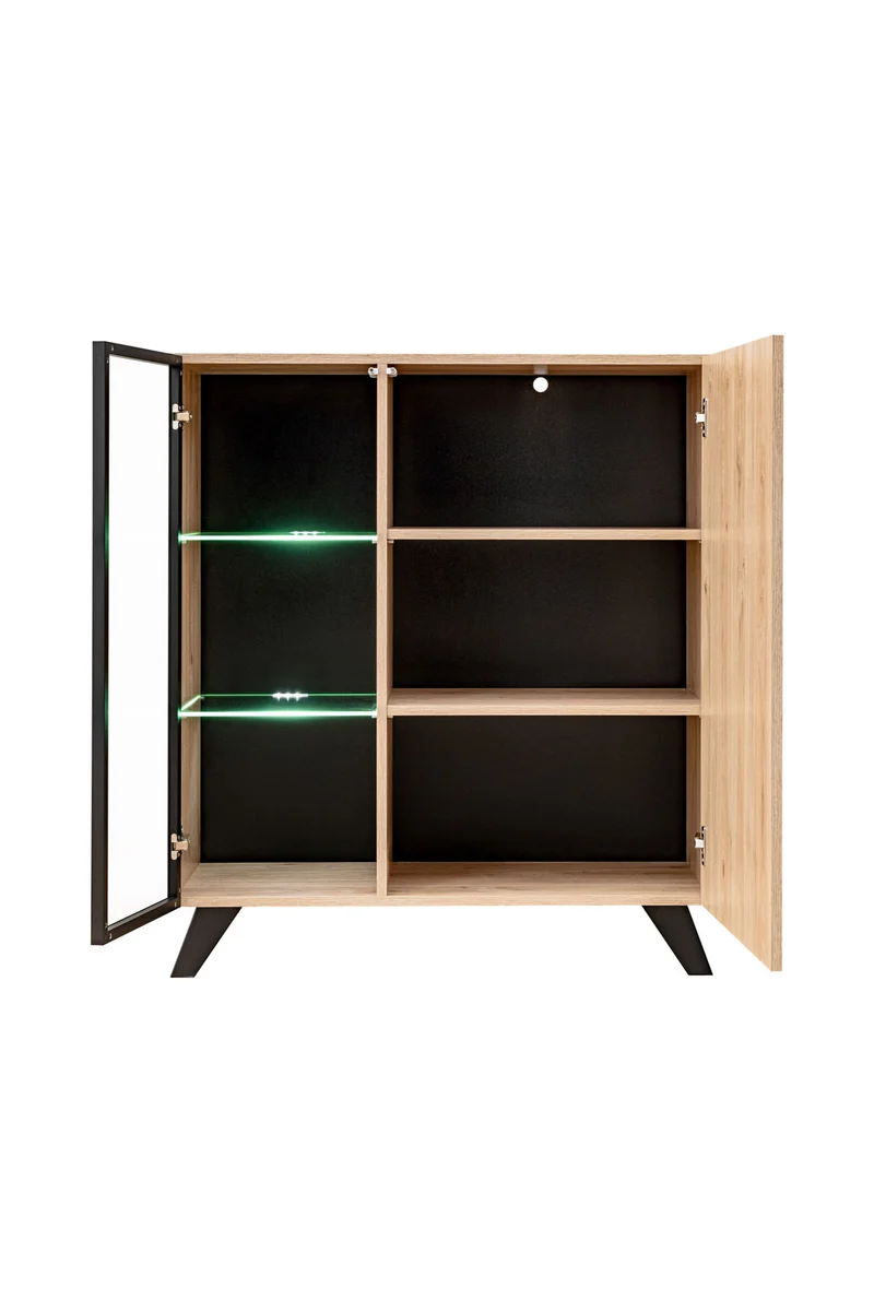 Kubra - Mobile 2 ante con vetrina e luci a led colore quercia con serigrafie cm 90x40x102h