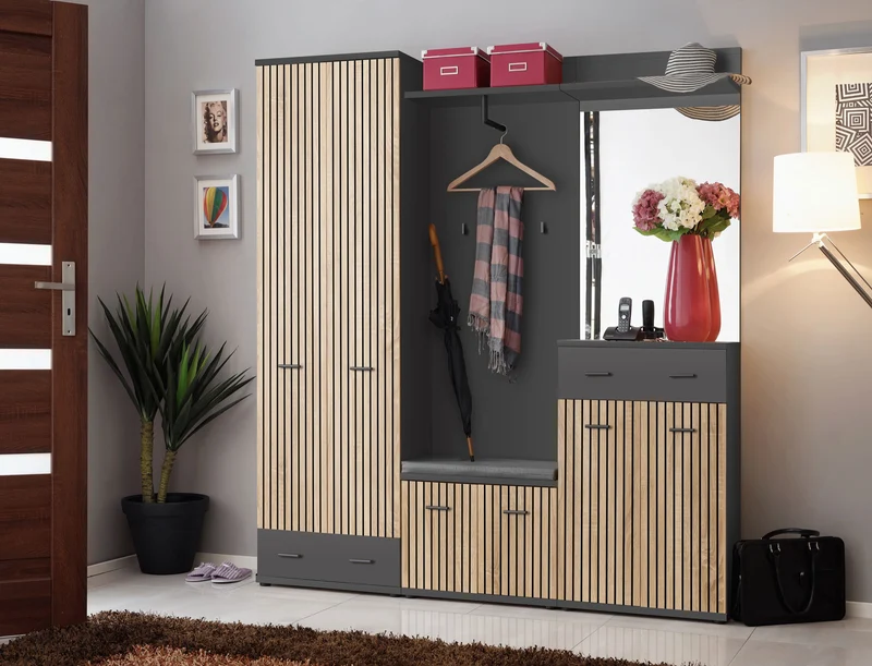 Jarib - Mobile alto 2 ante e cassetto colore quercia e antracite fantasia a righe cm 60x32x96h