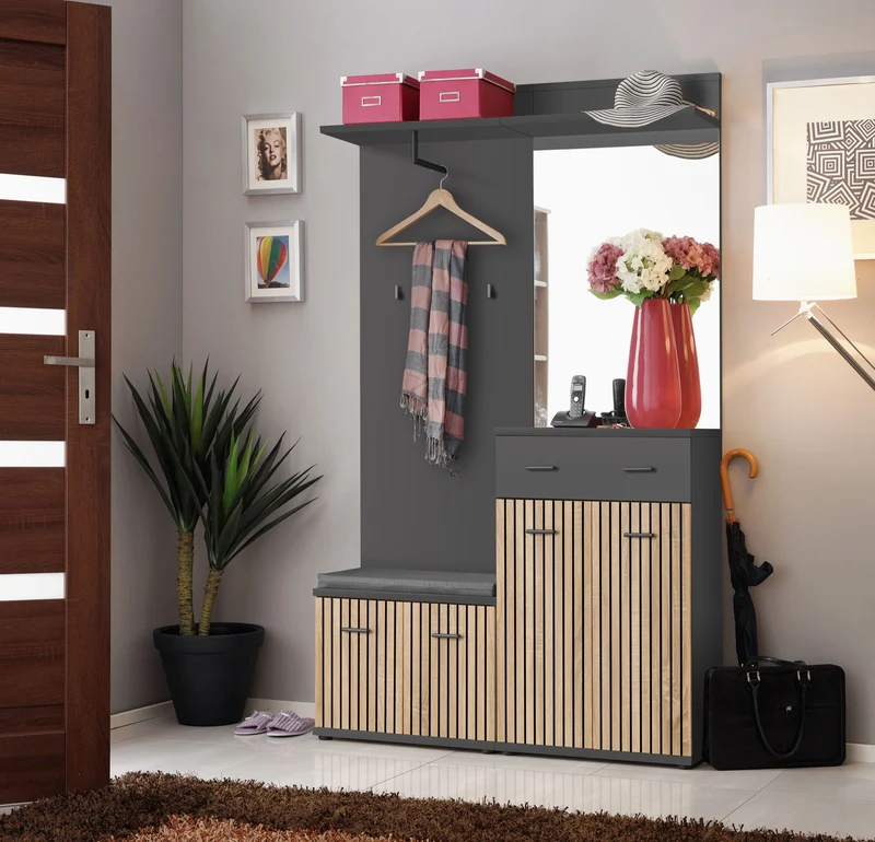 Selih - Specchiera da ingresso con ripiani in legno antracite cm 60x28x107h