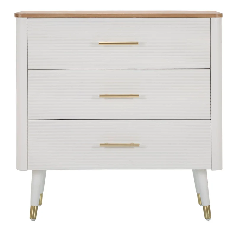Comò 3 cassetti moderno in legno bianco maniglie oro top naturale cm 78x37x80h