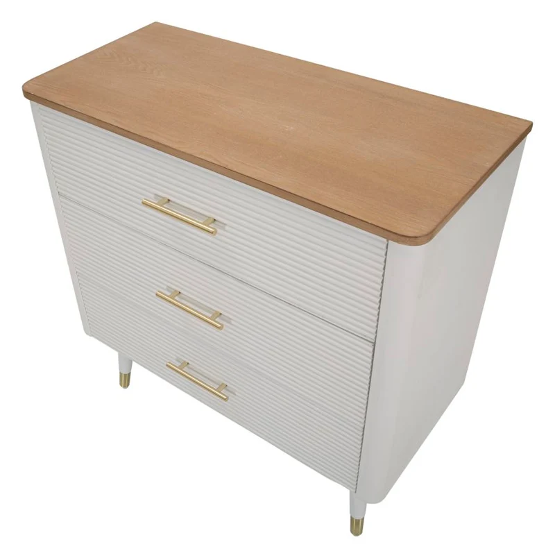 Comò 3 cassetti moderno in legno bianco maniglie oro top naturale cm 78x37x80h