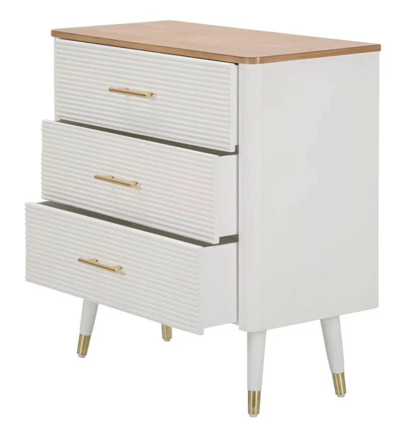 Comò 3 cassetti moderno in legno bianco maniglie oro top naturale cm 78x37x80h