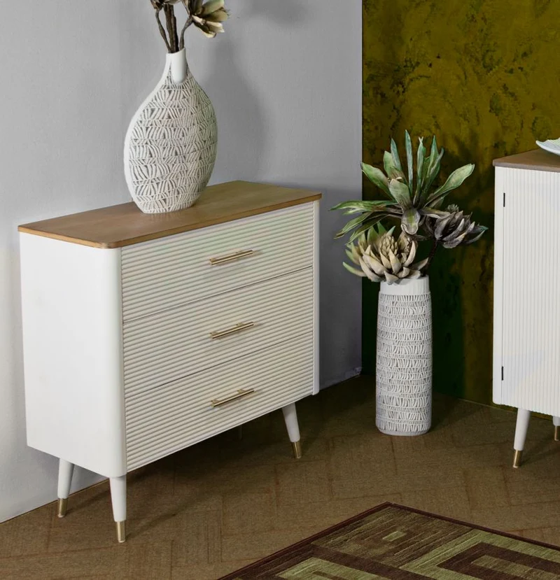 Comò 3 cassetti moderno in legno bianco maniglie oro top naturale cm 78x37x80h